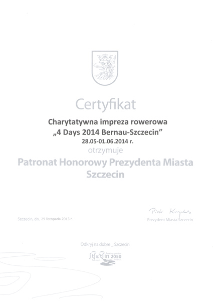 Certyfikat Patronatu Prezydenta Miasta Szczecin